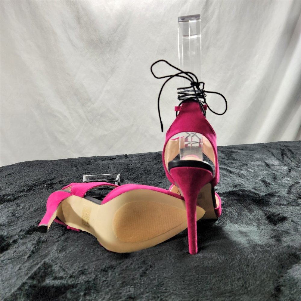 Red Cherry Fuchsia With Black Elastic Wrap Sandals With 4 1/2" Stiletto Heels - Picture 7 of 8